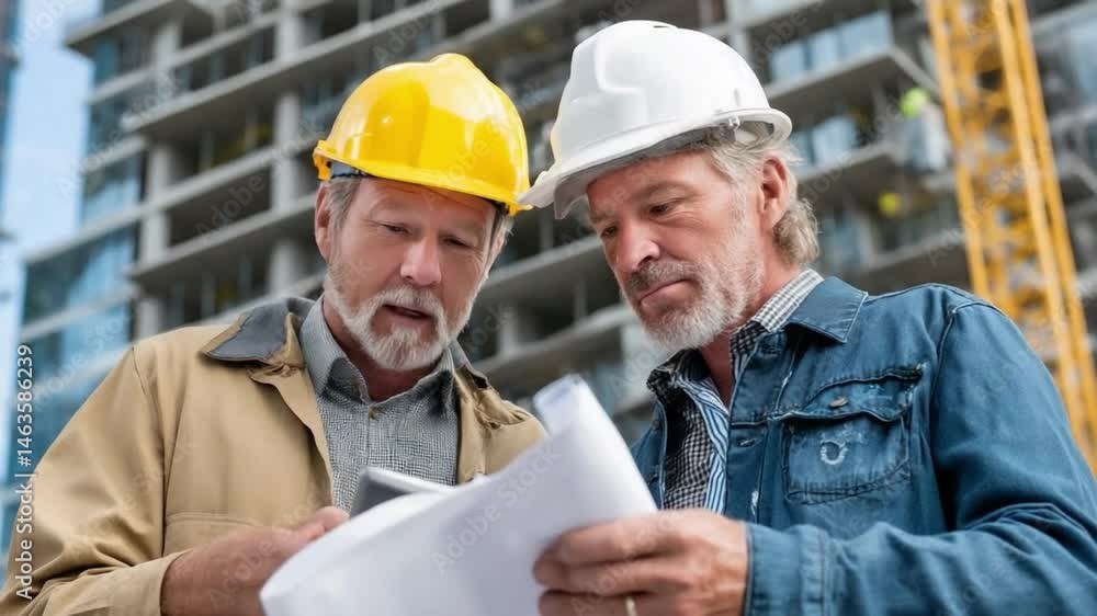Construction Site Consultation: Two experienced construction workers, wearing hard hats, carefully review blueprints at a modern construction site. Construction Site Consultation: Two experienced construction workers, wearing hard hats, carefully review blueprints at a modern construction site.