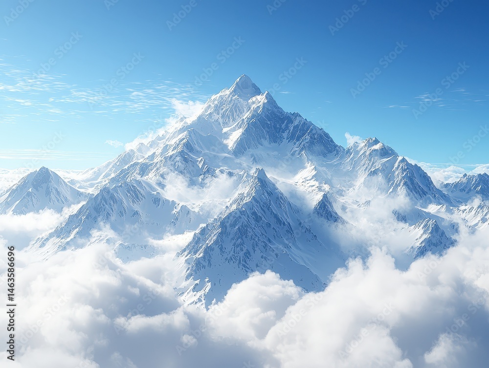 Breathtaking panorama of towering mountain peaks, surrounded by clouds and a clear blue sky Breathtaking panorama of towering mountain peaks, surrounded by clouds and a clear blue sky