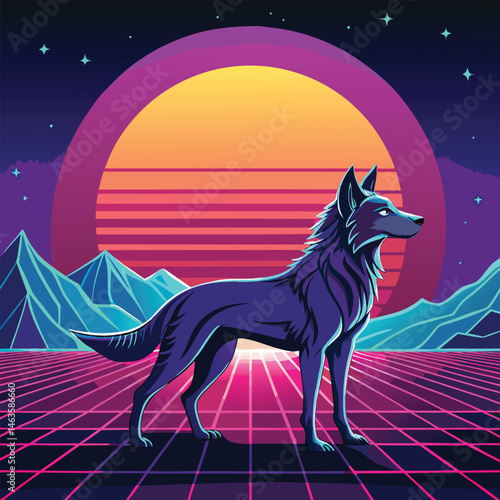Cyberpunk Wolf Art – Neon Retro Futuristic Animal Design in Synthwave Style