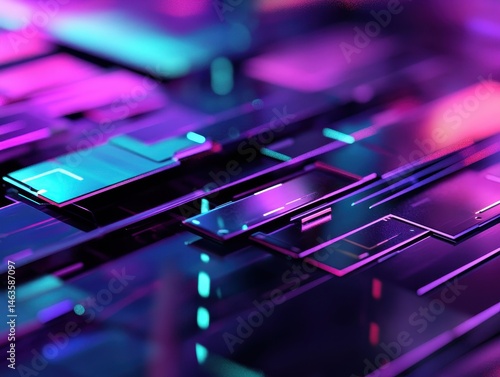 Abstract Technology Background Close Up of Illuminated Circuit Boards with Neon Lights and Reflections