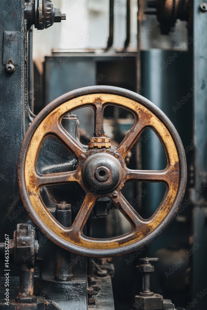 Obraz premium Close up of Rusty Industrial Wheel on Machine in Factory Setting at Eye Level for Steampunk Aesthetic