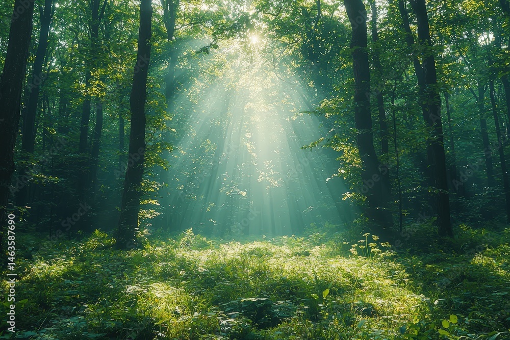 Fototapeta premium Serene sunlit forest with lush green undergrowth, peaceful woodland landscape