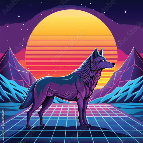 Cyberpunk Wolf Art – Neon Retro Futuristic Animal Design in Synthwave Style