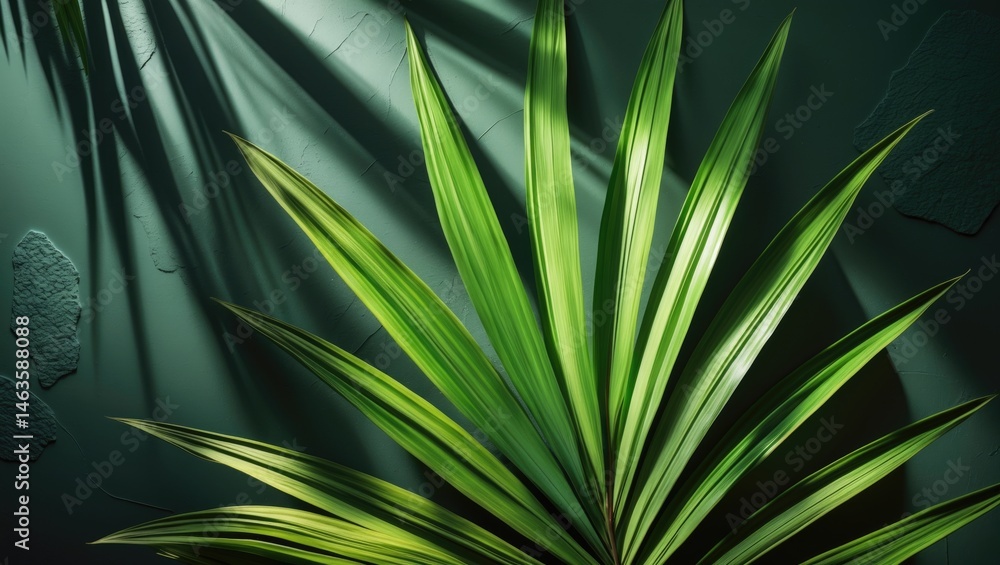 Fototapeta premium Green abstract background with tropical palm leaves and shadow effects, dark tone textures