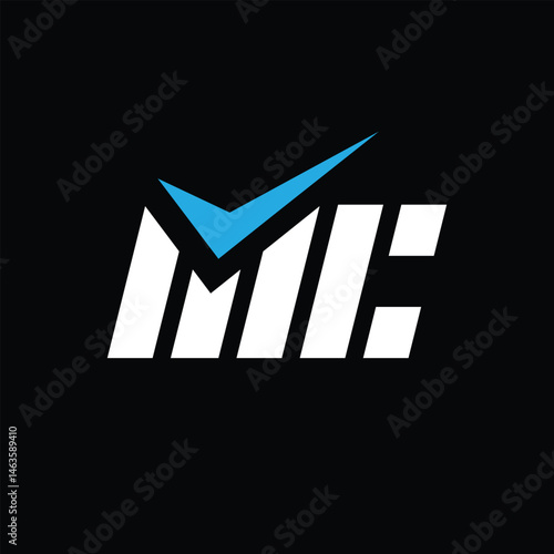 The image shows a flat monogram logo design of an initial letter MC with a checkmark in white and blue color in simple bold line style that looks clean on a black background