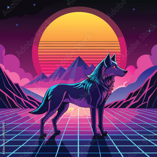 Cyberpunk Wolf Art – Neon Retro Futuristic Animal Design in Synthwave Style
