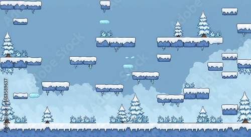 Winter Pixel Art Game Level Background with Floating Platforms