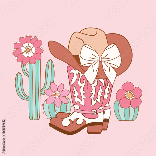 Western cowgirl boots with succulent and cactus arrangement. Hand drawn vector girly rodeo clipart. Perfect for sticker, tee shirt logo, greeting card, poster or nursery print design. 