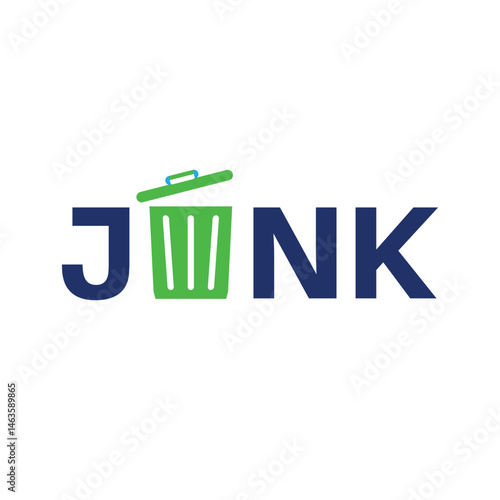 The image shows a flat logo design of a word mark icon of the word JUNK with an opened trash can that acts as the letter U