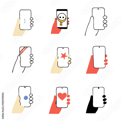 Colorful hand gestures phone icons modern design app UI simple flat style diverse interactions user