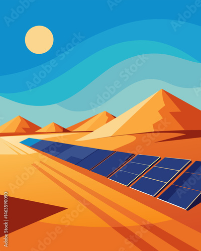 As far as the eye could see solar panels covered the desert soaking up the suns rays and converting them into clean energy.. Vector illustration