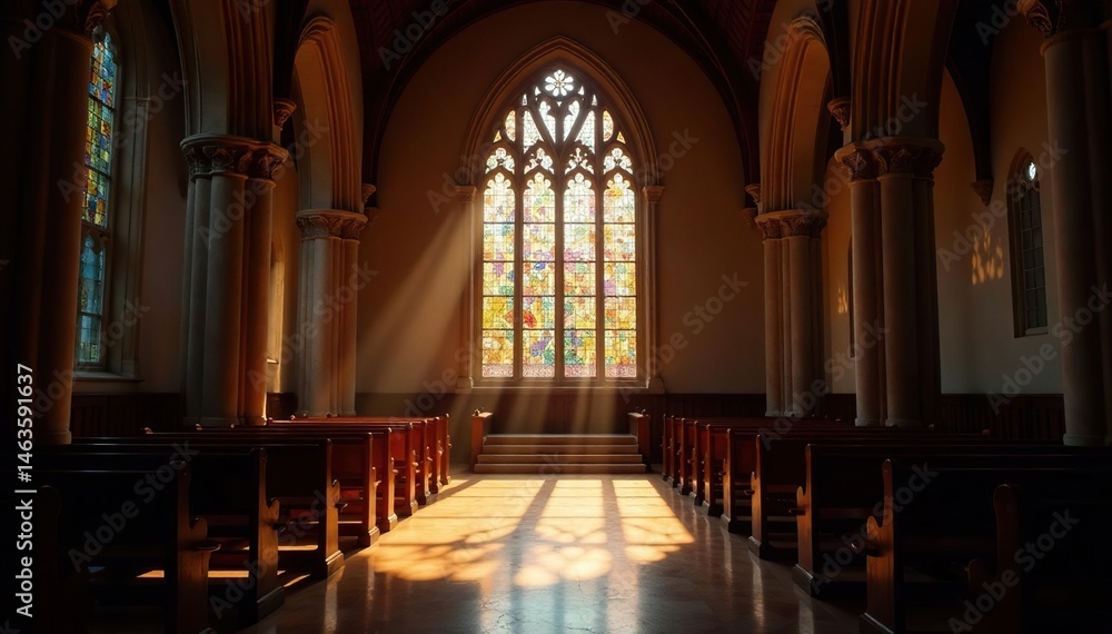Fototapeta premium Quiet church interior, sunlight streams through stained glass, holy, sacred