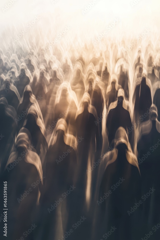 Obraz premium Abstract Crowd of People Walking Forward in Hazy Light, Conceptual, Motion Blur, Anonymous, Mass Movement, Warm Tones