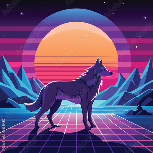 Cyberpunk Wolf Art – Neon Retro Futuristic Animal Design in Synthwave Style