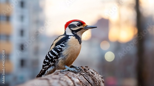 Urban Woodpecker on Log During Sunset Amidst City Buildings