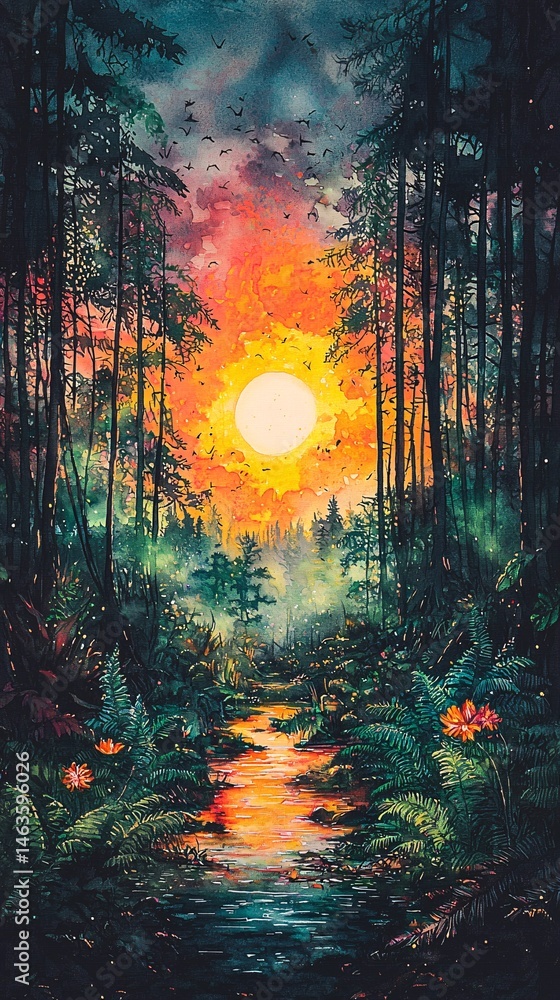 Fototapeta premium Watercolor sunset painting in the forest