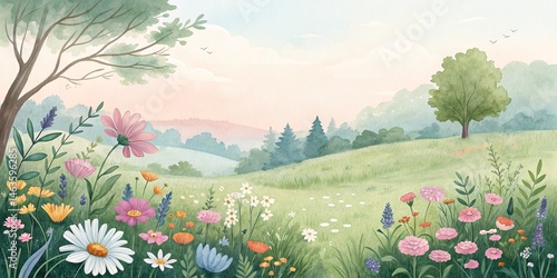 Watercolor Meadow Landscape...