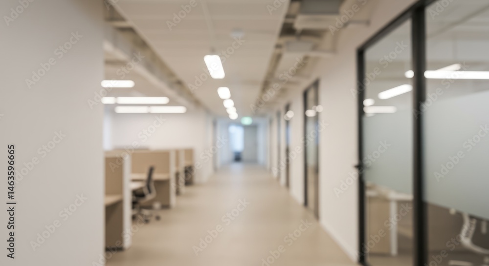Interior view of a modern office hallway with cubicles and glass door offices. Interior view of a modern office hallway with cubicles and glass door offices.