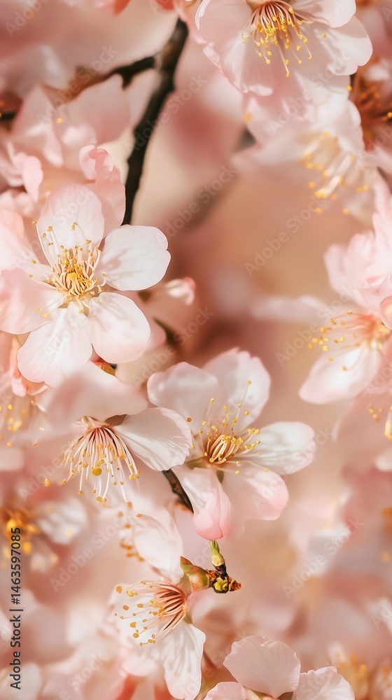 Fototapeta premium Pink Cherry Blossom Bloom: Delicate Flowers and Lush Greenery in Artistic Botanical Photography