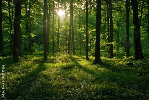 Serene sunlit forest with lush green undergrowth, peaceful woodland landscape