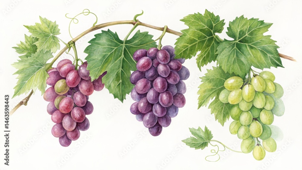 Obraz premium Watercolor Painting of Grapevine with Red and Green Grapes, Botanical Illustration, Nature Art, Grapes Grapevine, Botanical Painting