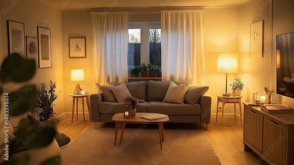 Fototapeta premium Cozy living room illuminated by warm light.