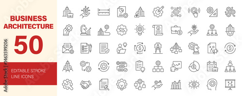 Business Architecture icon set. Containing strategy, methodology, regulation, management, execution, operation, service, planning and more. Editable line icons. Vector illustration.