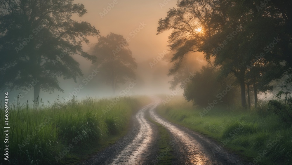 Naklejka premium Scenic country road shrouded in fog amidst autumn trees and fall colors