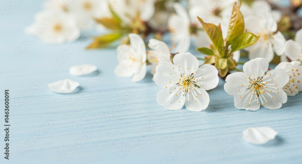 Fototapeta premium Blooming Cherry Flowers on Light Blue Wooden Surface