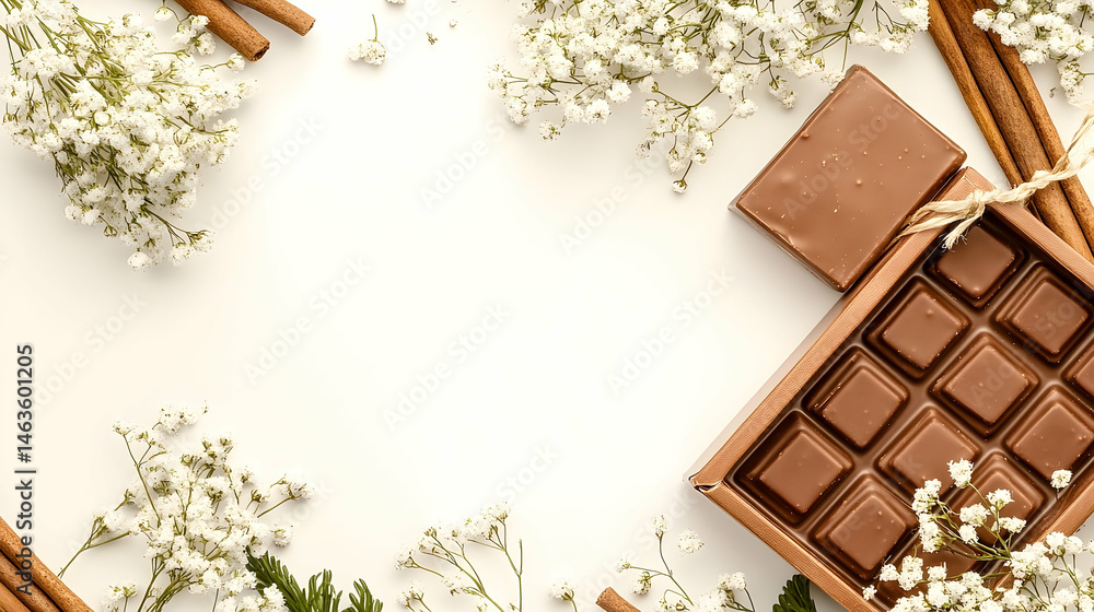 Chocolate bar display with flowers and cinnamon Chocolate bar display with flowers and cinnamon