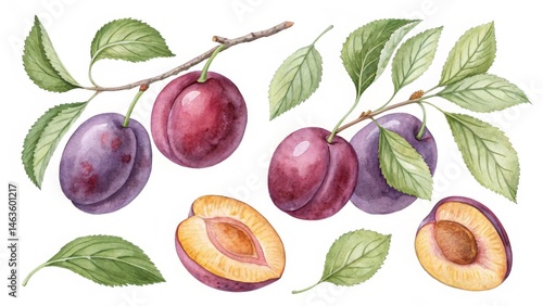 Watercolor Plum Composition Branch, Leaves, Fruit, Cross-Section, Illustration, Botanical, Food Plums