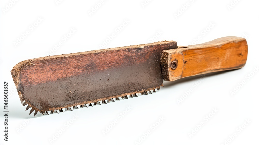 Antique wooden saw tool with visible wear and tear on a plain background Antique wooden saw tool with visible wear and tear on a plain background