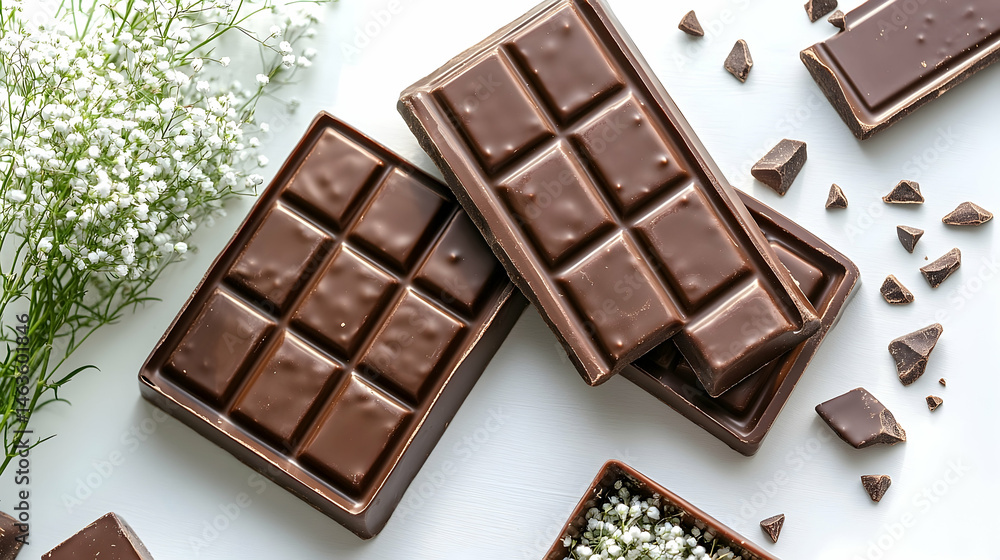 Chocolate bars and pieces on white background with delicate white flowers Chocolate bars and pieces on white background with delicate white flowers