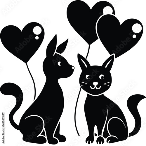 Charming illustration of pets a cat and dog with heart balloons, symbolizing love and friendship.