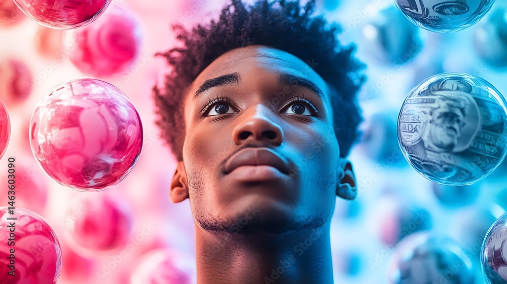 Naklejka premium A youthful man stares upwards amidst floating spheres, reflecting currency and vibrant abstract forms