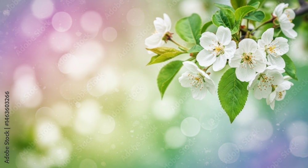 Blooming Branch with White Flowers on a Colorful Bokeh Background Blooming Branch with White Flowers on a Colorful Bokeh Background