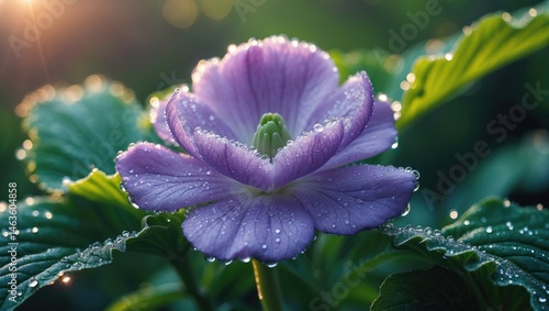 Abstract vector image of a blooming purple flower with sparkling dew on petals, perfect for wedding and spring themes