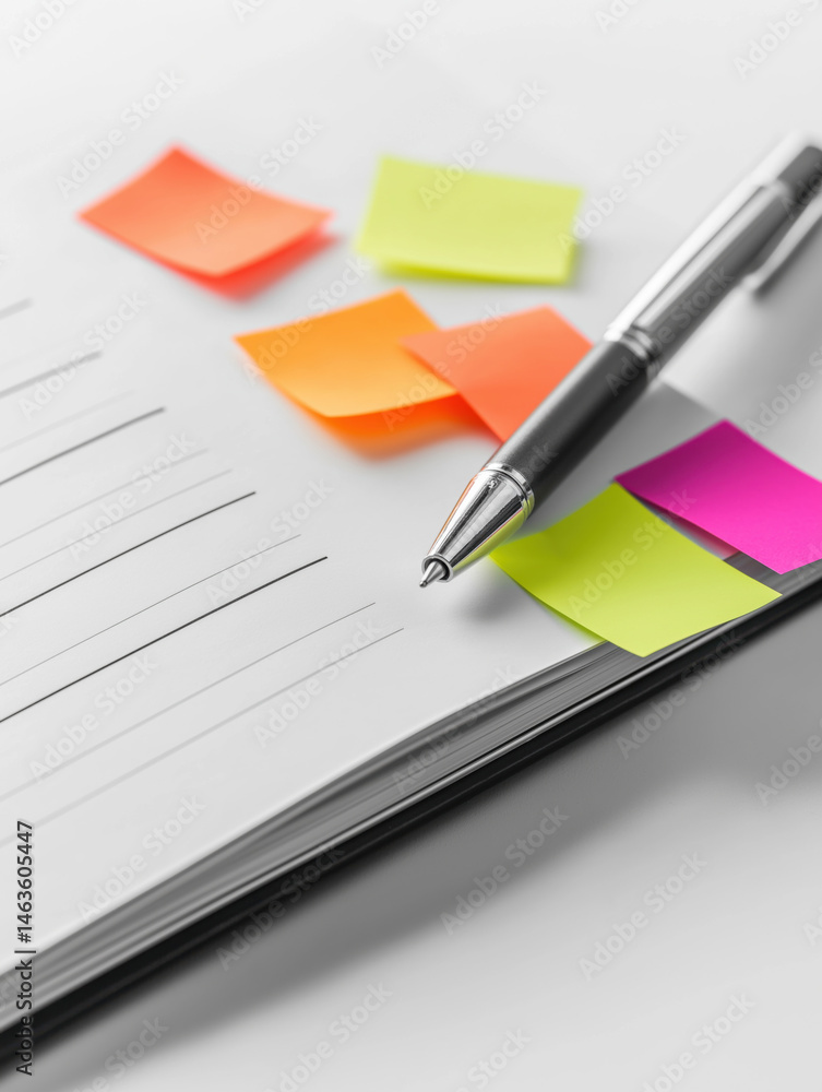 Colorful sticky notes and pen on planner page, symbol of busy schedule, multitasking and mental load Colorful sticky notes and pen on planner page, symbol of busy schedule, multitasking and mental load
