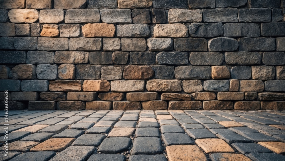 Fototapeta premium Backdrop of old city with brick wall and aged pavement