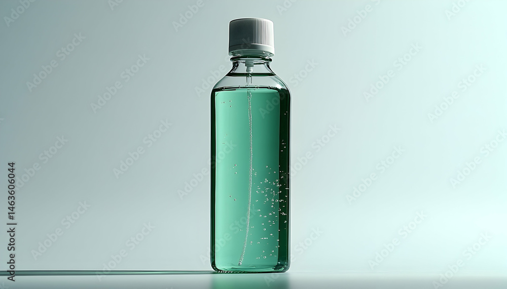 Clear bottle with green liquid and white cap against light blue background Clear bottle with green liquid and white cap against light blue background