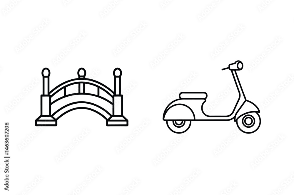 Simple outline drawings of a bridge and a scooter on white background Simple outline drawings of a bridge and a scooter on white background
