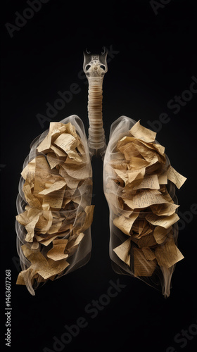 Xray chest cavity with lung filled with paper, creative surreal medical concept art