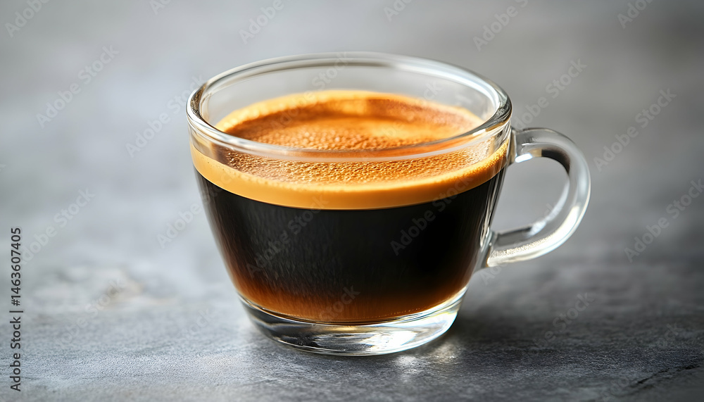 Close up of a glass cup filled with freshly brewed espresso coffee Close up of a glass cup filled with freshly brewed espresso coffee