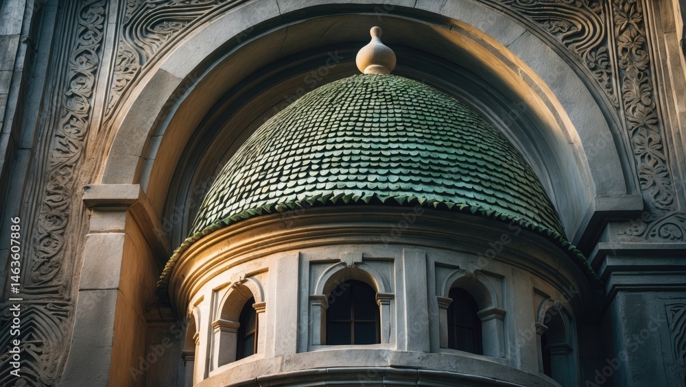 Obraz premium Detailed view of a decorative dome showcasing unique shingles, positioned before a textured stone wall with intricate patterns