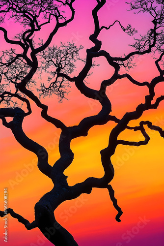 Solitude in Silhouette: The Intricate Elegance of a Tree at Sunset Against a Colorful Sky