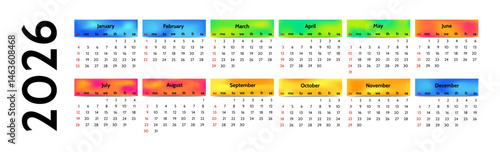 Calendar for 2026 isolated on a white background