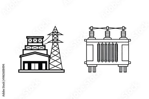 Line art illustration depicting a power plant facility and a large electrical transformer isolated on white