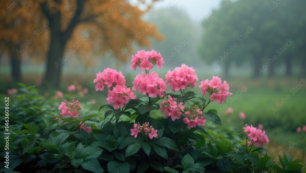 Obraz premium Seasonal Beauty in the Park: Fall Foliage, Amber Trees, and Misty Autumn Mornings