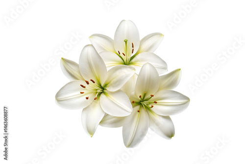 Elegant still life showcasing the beauty of three white lily blossoms transparent background
