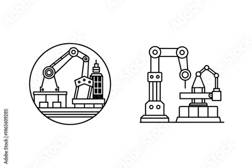 Vector illustration of robotic arms performing automated tasks within an industrial manufacturing factory setting.